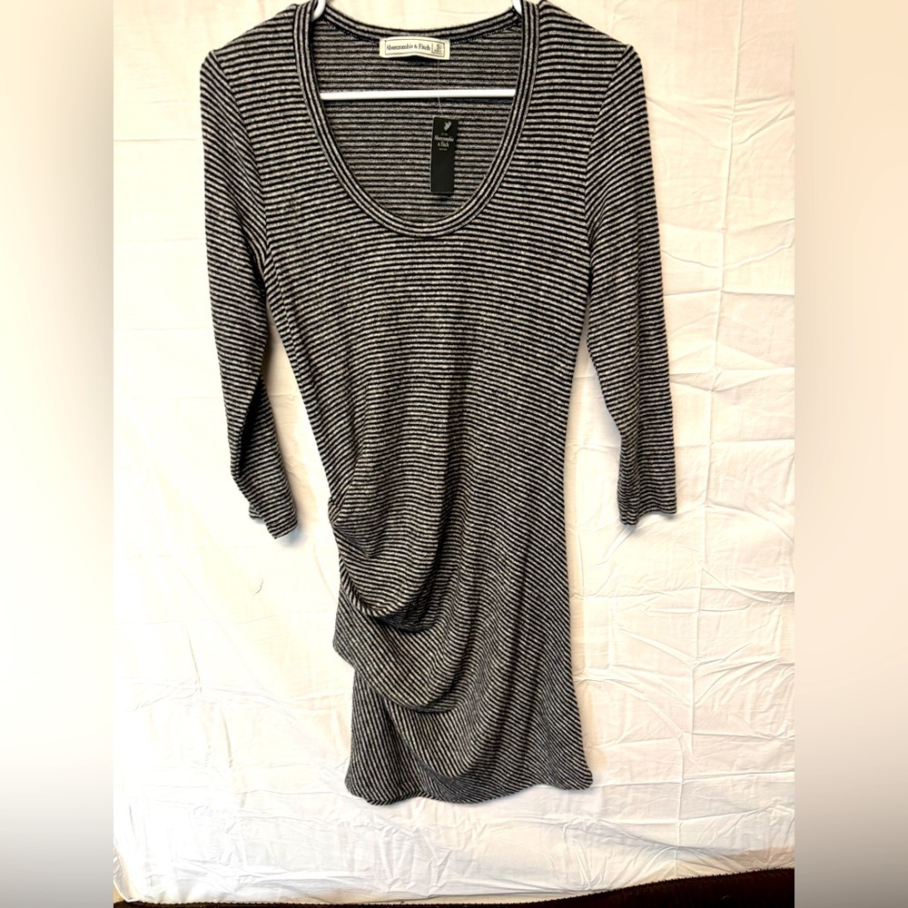 Abercrombie & Fitch Gray Black Striped Sweater Dress Ruched Side Size S NWT